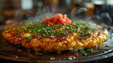 Japanese Okonomiyaki on Decorated Table for HD Wallpaper with Cinematic Effect - obrazy, fototapety, plakaty