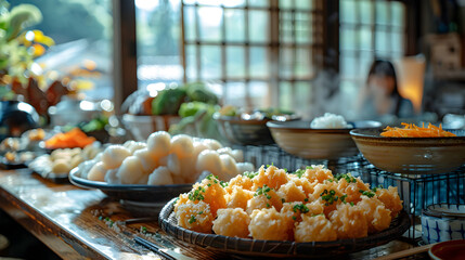 Japanese Tempura on Decorated Table for HD Wallpaper with Cinematic Effect