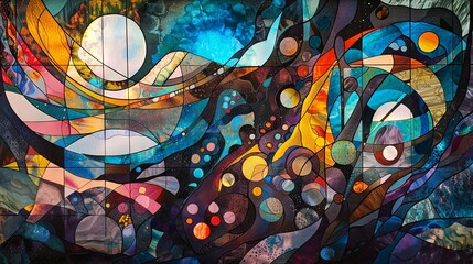 Colorful abstract design mimicking stained glass with intricate swirl patterns and light play.