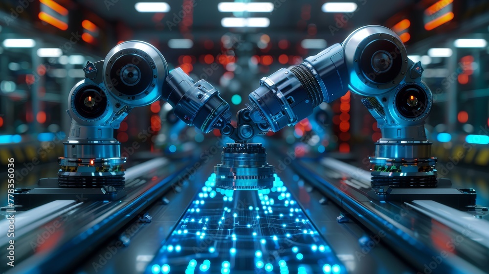 Poster in industrial 4.0, a neural network is created by robotic arms located on a podium in virtual realit
