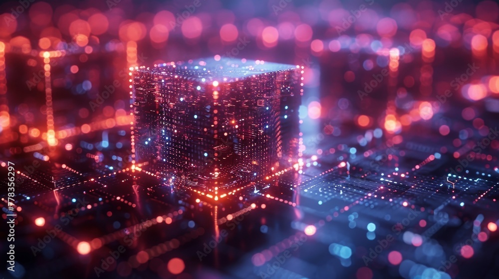 Poster Digital cubes connected to the blockchain network. Data blocks in cyberspace. Blockchain network abstract illustration.