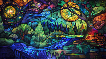 Vibrant abstract painting depicting a colorful, textured landscape with a sun motif.