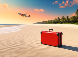 Red retro suitcase abandoned on a sunny deserted sandy palm beach in sunset and an airliner in the air above. - obrazy, fototapety, plakaty