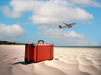 Red retro suitcase abandoned on a sunny deserted sandy beach and an airliner in the air above.