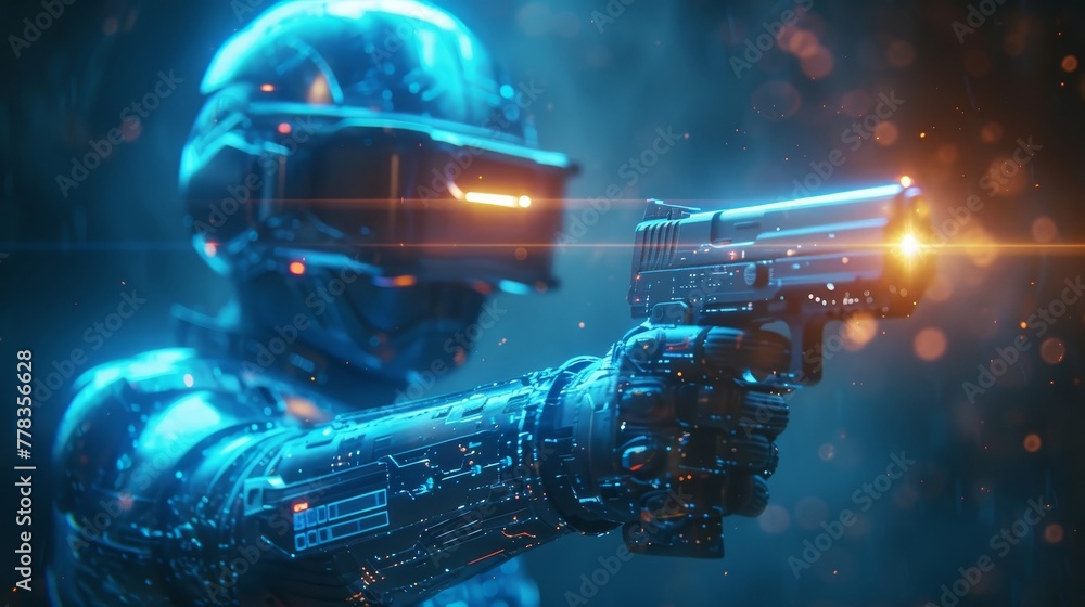 Poster The player has a gun in virtual reality. The VR online game interface shows a map of the level. The player is getting ready to play in the VR shooter. The player is wearing virtual reality glasses