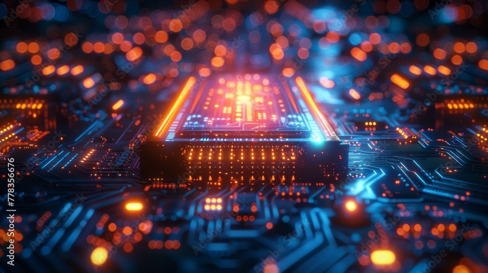 Aufkleber An optical processor transforming light signals into digital signals. Lasers transmitting digital signals through chips and processors. Abstract technology background.