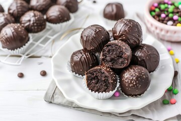 Kue bola cokelat biskuit or Chocolate biscuit ball cookies. indonesian eid snack, kue lebaran - obrazy, fototapety, plakaty