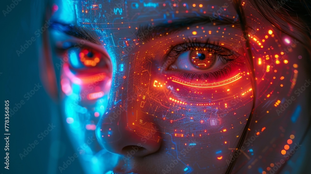 Poster Artificial intelligence. Cyborg head with an artificial neural networks core. Neon cyberpunk word. Female robot face with computer AI. Electronic Technology banner in 80s cyberpunk style.