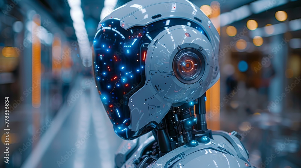 Poster A robot or cyborg programming artificial intelligence. Artificial Intelligence in the industrial revolution. Back view. Neural network, humanoid robot. 3D rendering.