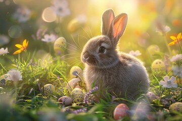 Fototapeta na wymiar Cute fluffy bunny surrounded by Easter eggs hidden in the grass, sunrise light, illustration