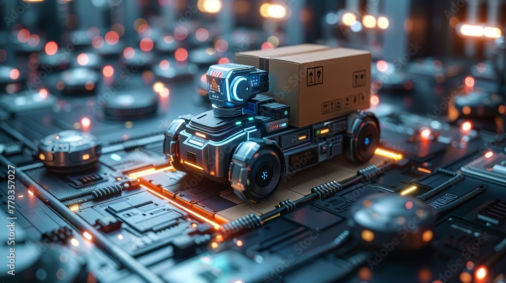Poster An autonomous delivery robot ships a box of purchases to a specified location on a map of the phone. An online robot will deliver through an isometric representation of the world.