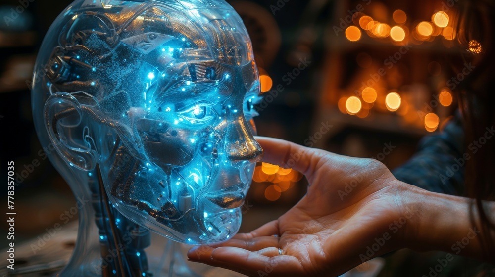 Aufkleber a robot with artificial intelligence is holding an electronic brain core in its hands. the head of t