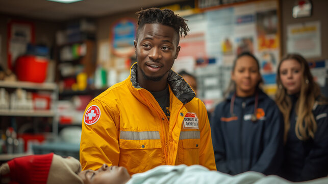 Community First Aid: In a local community center, volunteers receive training in basic first aid and CPR, empowering them to respond effectively in emergencies. Against a backdrop