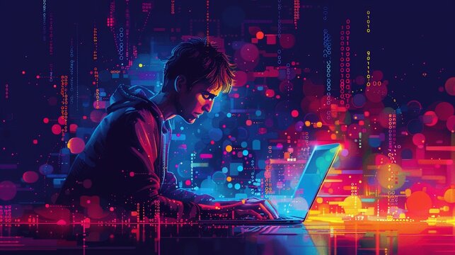 Detailed illustration of a programmer typing on a laptop with abstract symbols of code flowing around