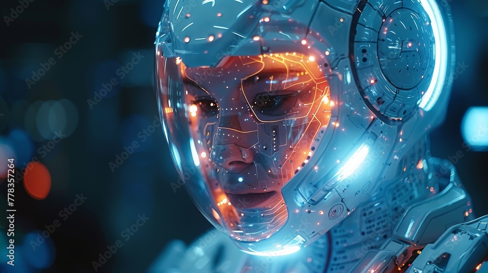 Poster A mobile chatbot in smartphone or cyborg looking out from the screen. Virtual support for web services and chatbots as part of the internet. Technology concept.