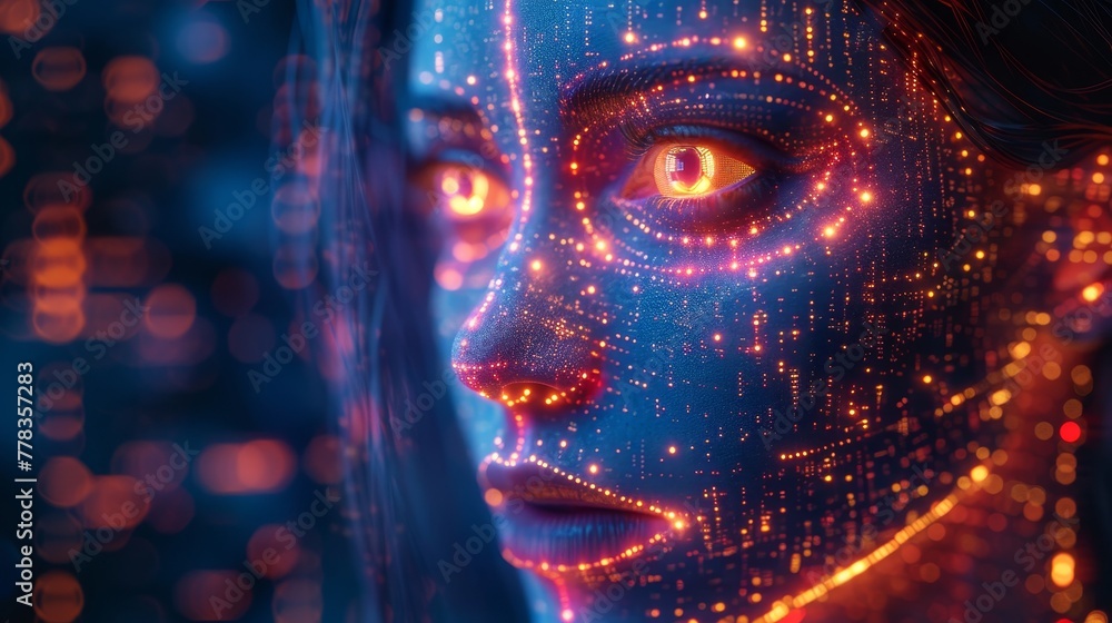 Aufkleber 3D rendering of AI. Artificial intelligence technology isometric concept. Cybernetic brain communicating with network and analyzing data. Self-learning algorithms. Robot or cyborg head.