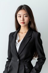 Full face no crop of a Pretty Young Chinese Super Model in Business Casual Attire, wearing a Structured Blazer and Tailored Trousers, showcasing professional elegance with a confident pose