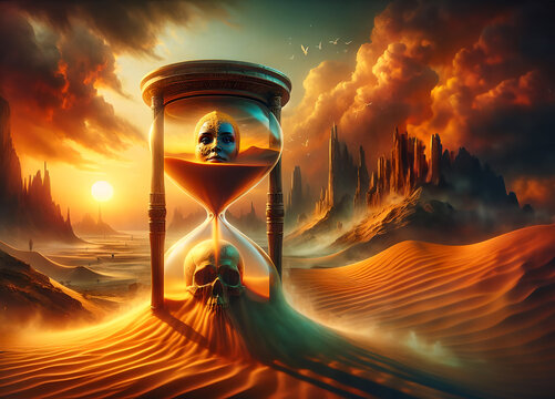A huge hourglass in the desert symbolising the unavoidable finitude of the human race, concept