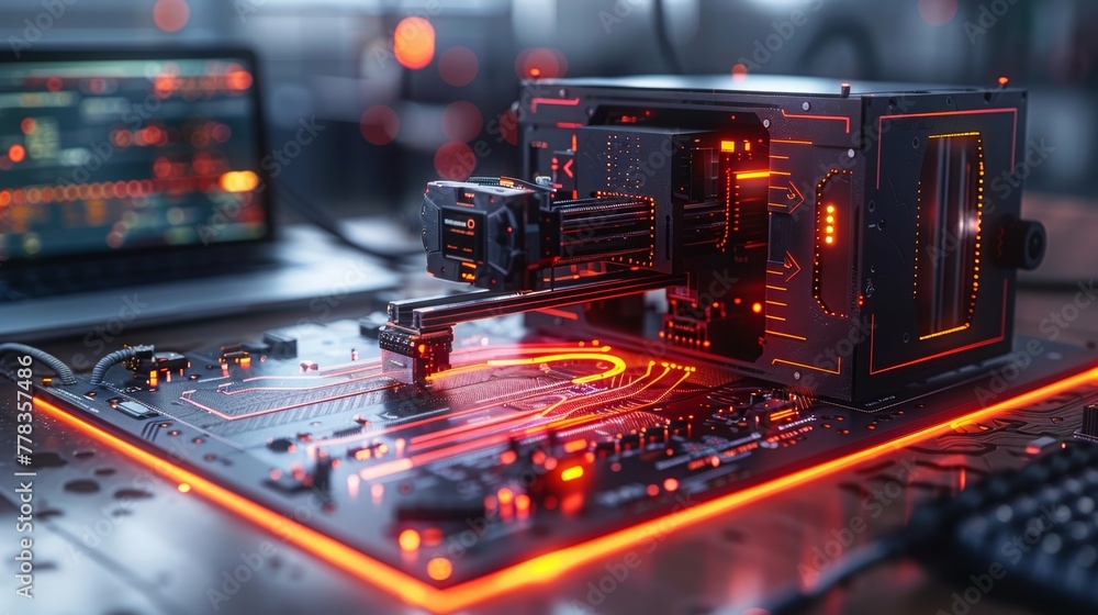 Poster in the workshop of an additive 3d maker, a 3d printer and a laptop can be seen on a table. the conce