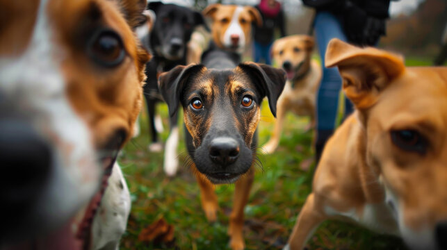 Dog's Fun View of Playful Canine Breeds Companions at the Park Dog Walker
