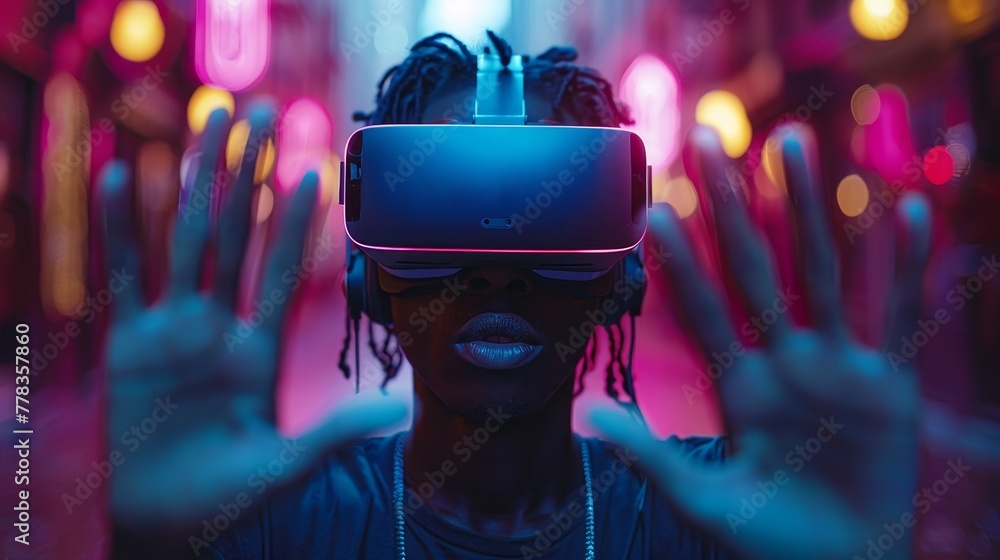 Poster in a virtual world simulation, a man wears 3d vr glasses. metaverse technology. vr headset. a word h