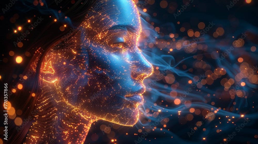 Poster Artificial intelligence face consisting of glowing dots or particles. Robot head in cyberspace. AI network analyzes data flow. 3D glowing wavy surface.
