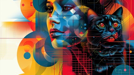 Ethereal illustration of a lady and her cat surrounded by abstract geometric shapes