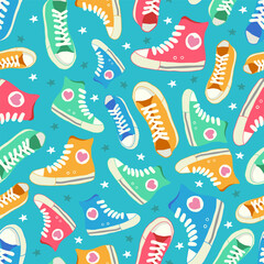 Retro Sneakers pattern on blue background. Seamless pattern with colorful shoes. Hand drawn vector illustration.