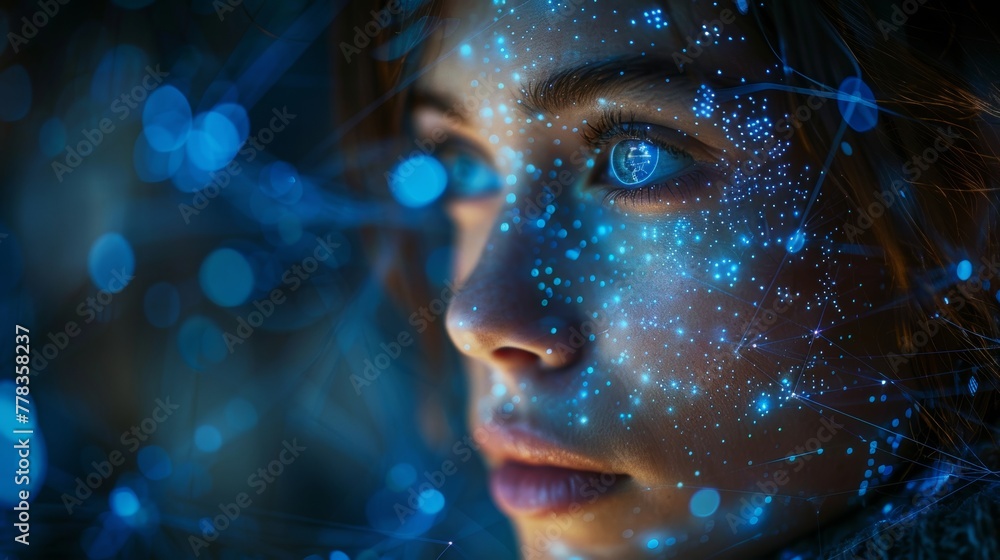 Poster AI in image cybernetic anthropomorphic woman working with matrix data on virtual interface. The head or face of AI with a mind looking at information and teaching neural networks.