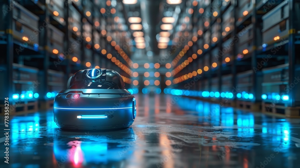 Poster In smart warehouses, autonomous robotics deliver orders to customers. Drone swarms of robots in logistic industries. AI manages rovers and routes autonomous rovers.