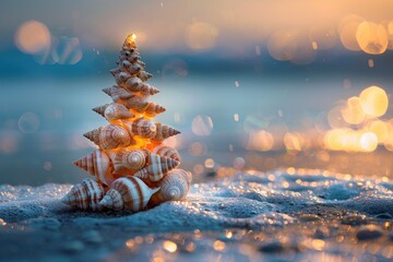 A little seashell Christmas tree with copy space situated on the shore. Generative Ai