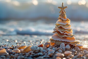 A little seashell Christmas tree with copy space situated on the shore. Generative Ai - obrazy, fototapety, plakaty