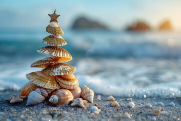 A little seashell Christmas tree with copy space situated on the shore. Generative Ai - obrazy, fototapety, plakaty