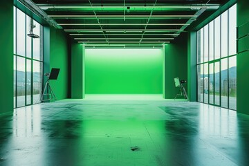 An empty contemporary film studio with a green screen in the background. Generative Ai - obrazy, fototapety, plakaty