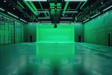 An empty contemporary film studio with a green screen in the background. Generative Ai