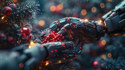 The banner is a modern technology style Christmas decoration in the form of a cyborg arm. Robotic hand decoration on a Christmas tree. AI or artificial intelligence greets the new year.