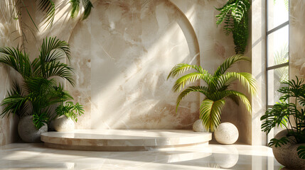 Marble Beige Podium with Shadow from Palm Leaves on Light Background