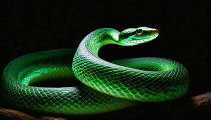 curled in green snake - isolated on black background - sinuous body and distinctive patterns - generative ai - Powered by Adobe