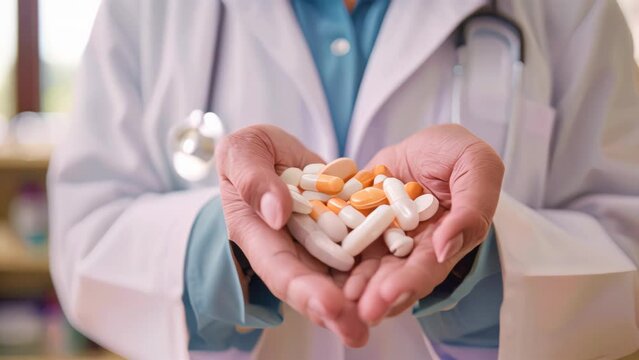 Healthcare professional offering a variety of pills and capsules in palms. Close-up photo with selective focus