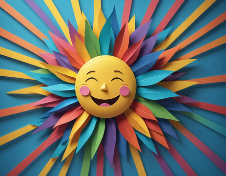 Visage soleil coloré et heureux en papier- IA générative	