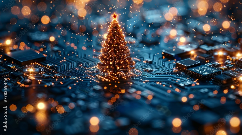 Aufkleber Greetings and Happy New Year cards in the theme of new technology. 2023 Christmas tree on printed circuit board. Snowfall and snow flakes from electronic pulses and signals.