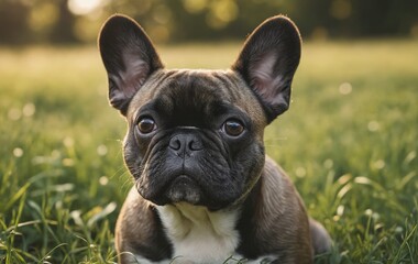 Fototapeta premium Fawn French Bulldog laying in grass, looking at camera