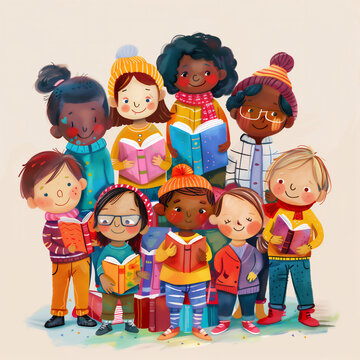 Cartoon of diverse children embracing the joy of learning through books, promoting inclusivity and knowledge in school education, stock illustration image
