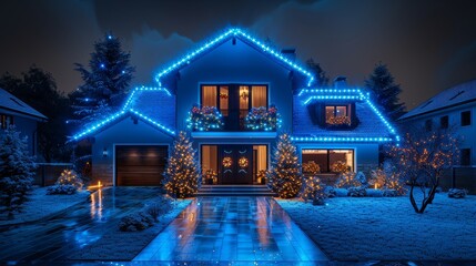 An IOT and Smart Home system in shape of a Christmas tree decoration with icons of domestic electronic smart devices. Online sales of IOT and Smart Home systems during the holidays to ensure