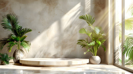 Marble Beige Podium with Shadow from Palm Leaves on Light Background