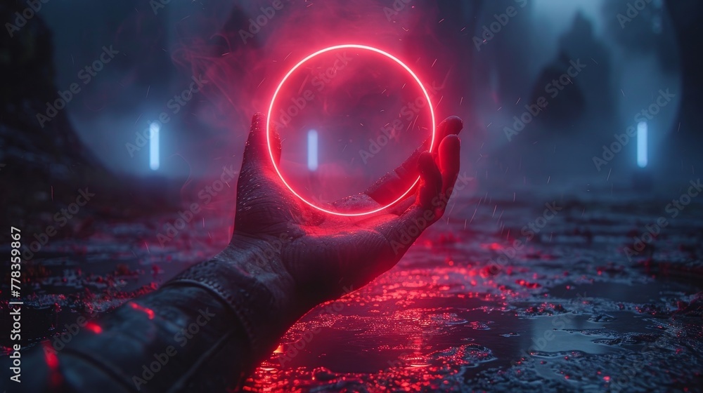 Aufkleber In the background is a futuristic round red neon frame over the hand of a human. Abstract circle lights encircle the palm of the scientist. Template banner for technological presentation with logo