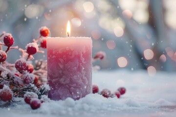 Christmas candle in the winter with snow on a white backdrop. Generative Ai