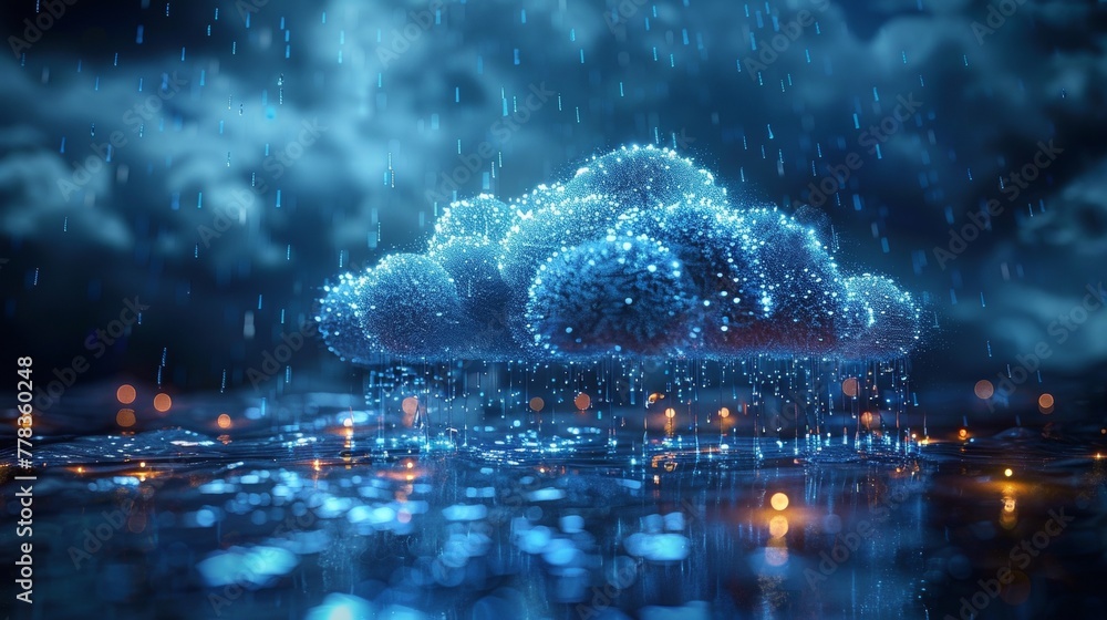Aufkleber digital data storage in shapes, symbolizing cloud with digital rain, and neon lines, connecting to a