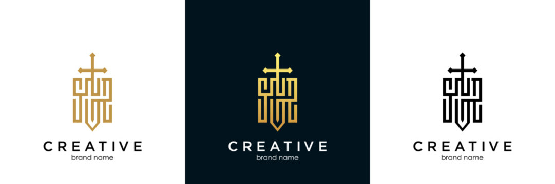 Armor and sword logo design template