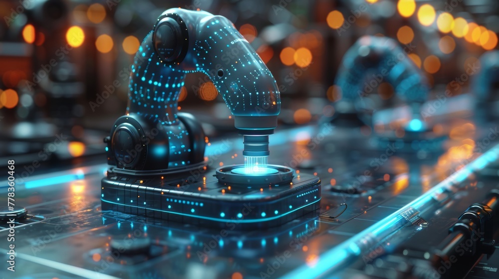 Poster The neural network or artificial intelligence in industry 4.0 is created by robotic arms in virtual reality. Industrial revolution. Concept of future industry technology.